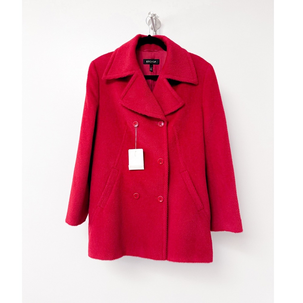 Escada Red Piacenza Wool Double Breasted Pea Coat Jacket Size 42 NWT